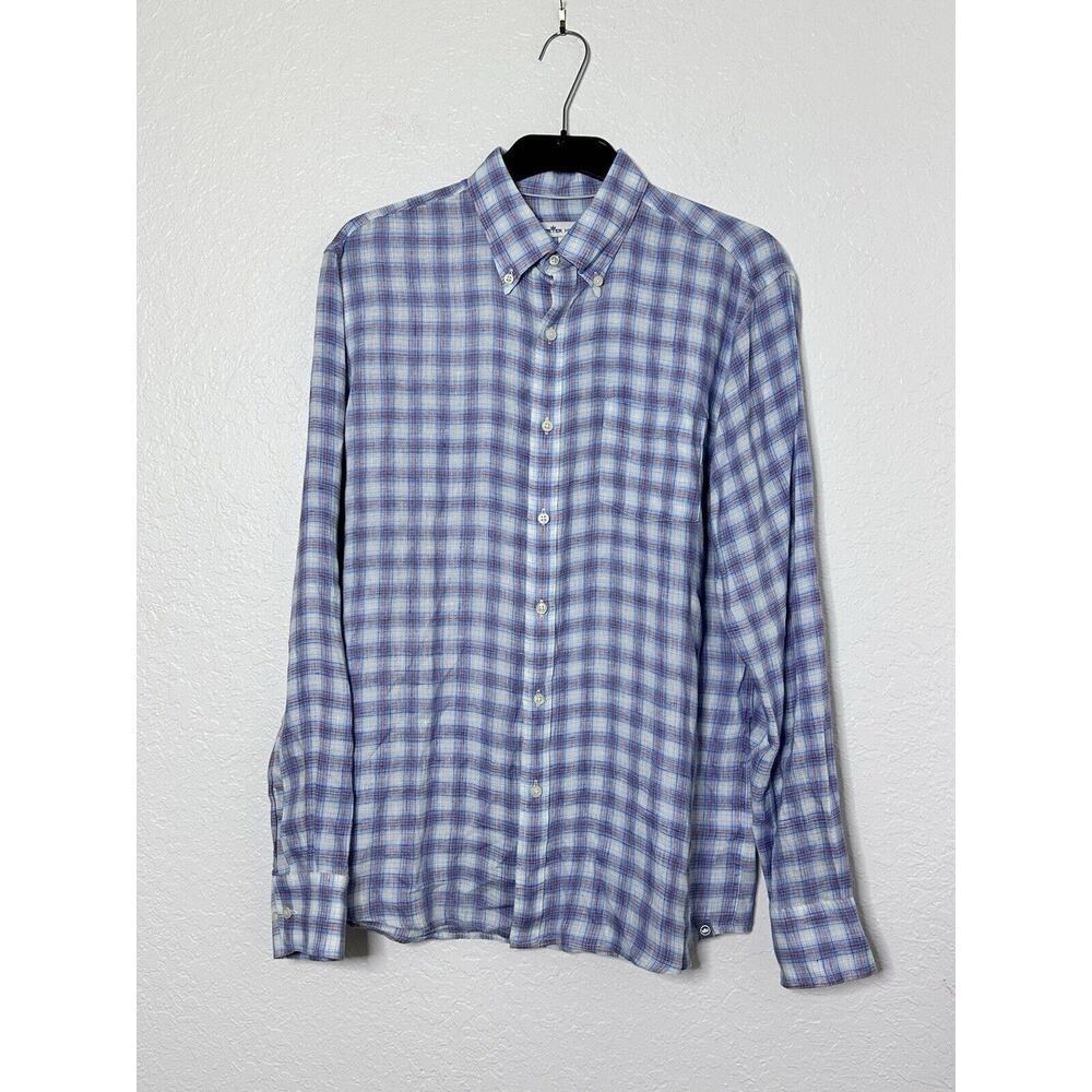 Peter Millar Men's Size L Button Shirt Blue Plaid Long‎ Sleeve Linen Blue/Pink